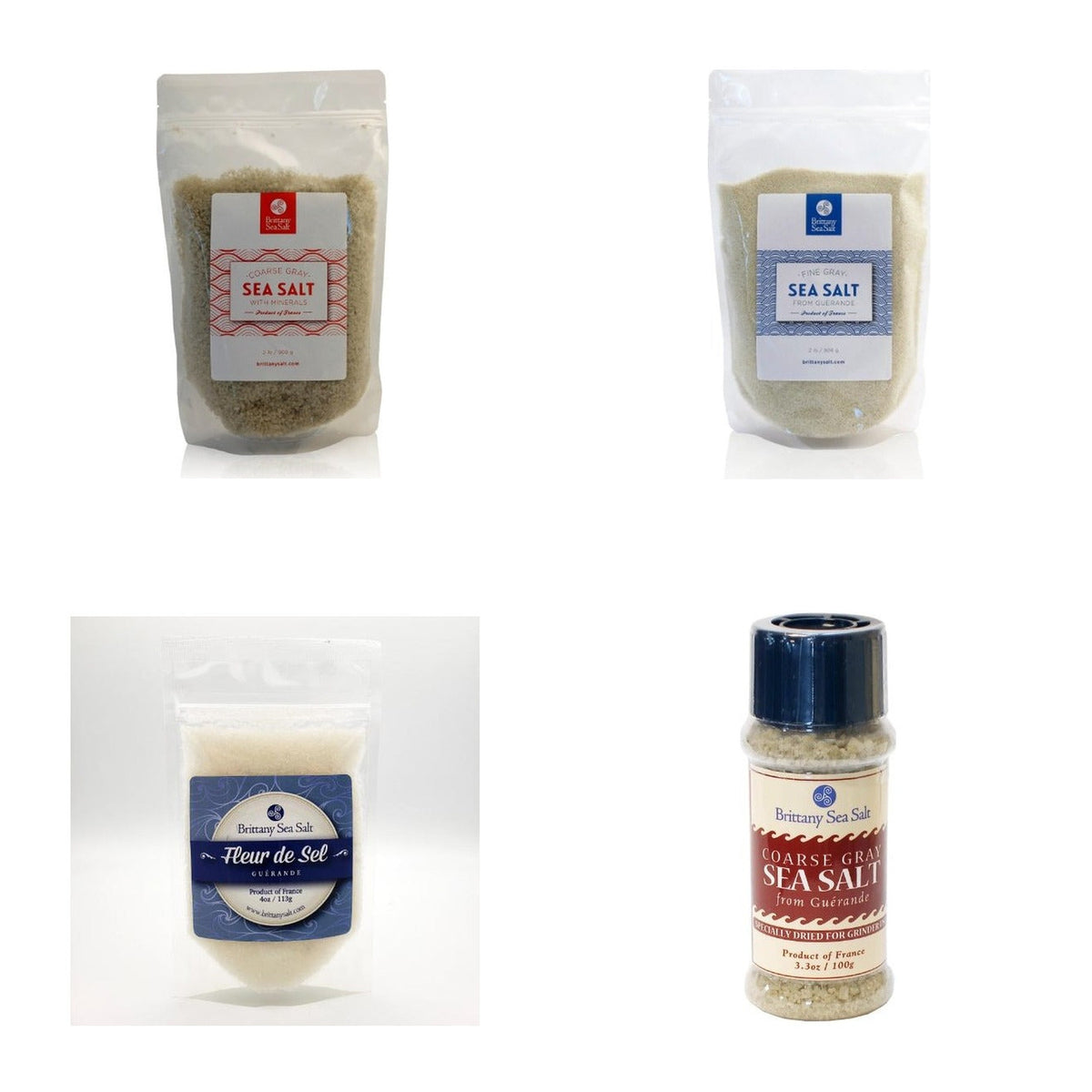 Guerande Kitchen Salt Set: 2 lb coarse gray sea salt, 2 lb fine gray sea salt, 4 oz fleur de sel and a 3.3 oz grinder