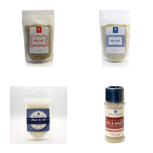 Guerande Kitchen Salt Set: 2 lb coarse gray sea salt, 2 lb fine gray sea salt, 4 oz fleur de sel and a 3.3 oz grinder